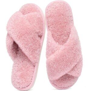 👑Women's Velvet Pink Fuzzy Cross Band Memory Foam Slip On Open Toe Slippers